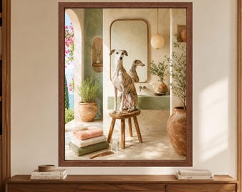 Whippet Bathroom Wall Art, Greyhound Dog Poster, Mediterranean Bathroom Print, Digital Download