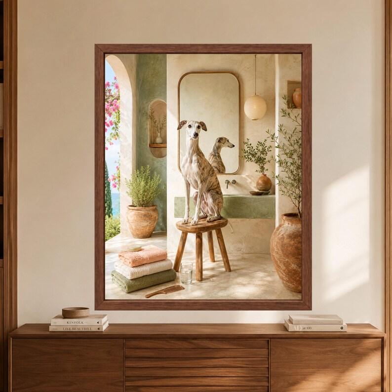 Framed whippet bathroom wall art showing a brindle sighthound seated on a wooden stool in a warm Mediterranean bathroom with a mirror, folded towels, terracotta pots, olive branches and pink bougainvillea.