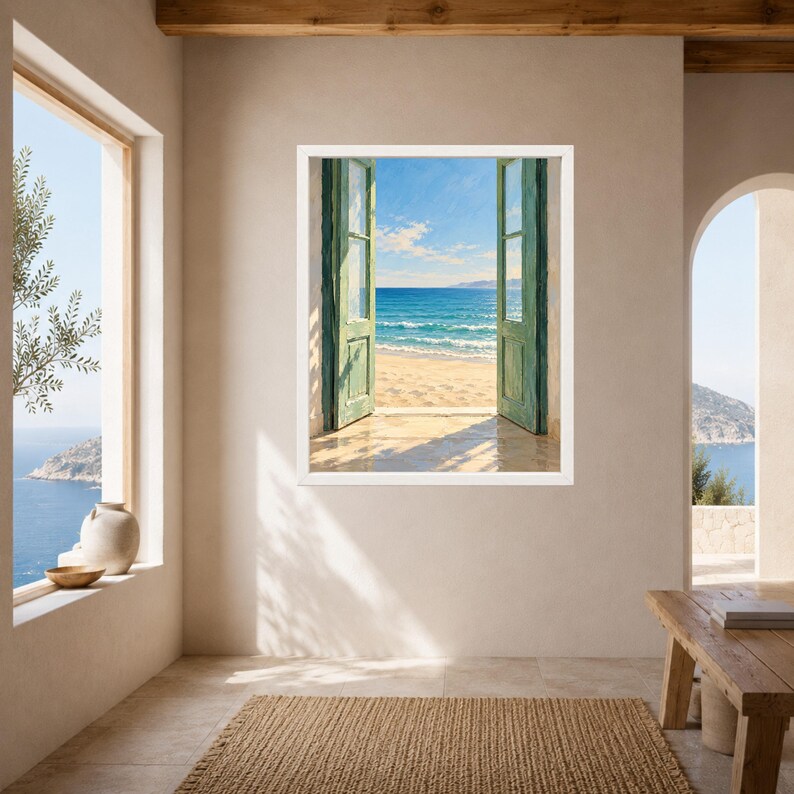 Open Door Sea View Print, Mediterranean Coastal Art, Green Door Beach Decor (Digital Download) image 7