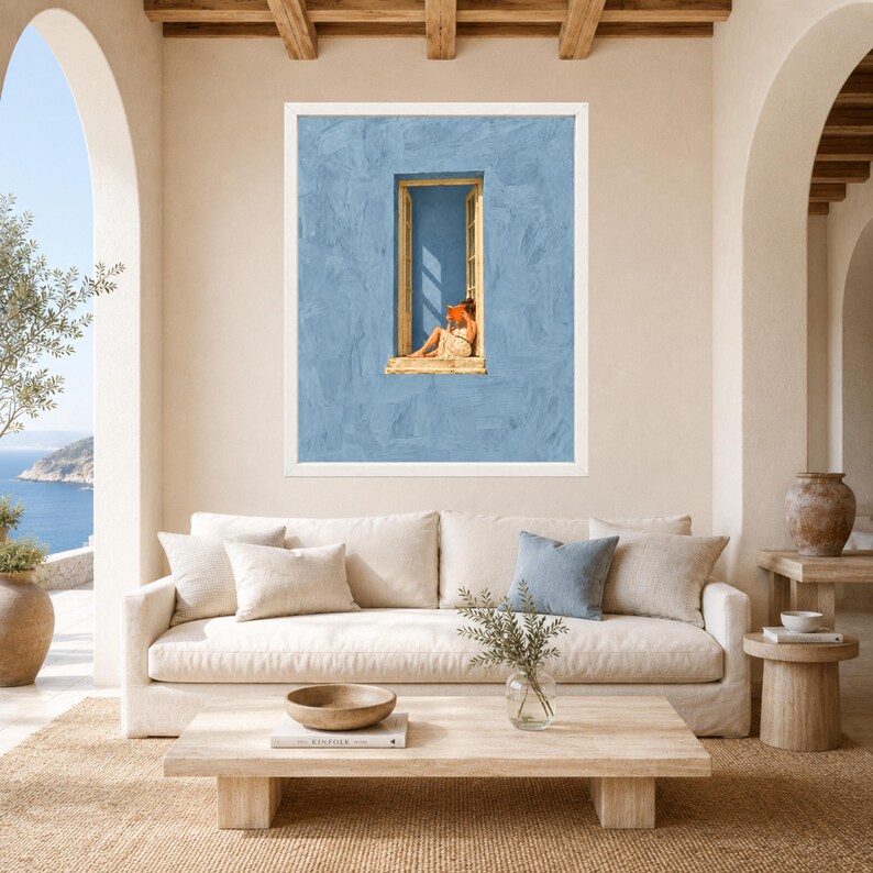 Woman Reading in Window Print, Mediterranean Blue Wall Art (Digital Download) image 3