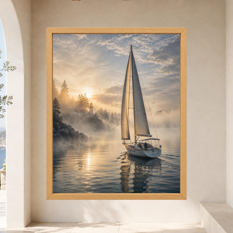May include: A framed wall art print featuring a sailboat gliding across calm water during a golden sunrise. A lighthouse stands on a misty, tree-covered cliff in the background. The scene is illuminated by soft, warm light with clouds above.