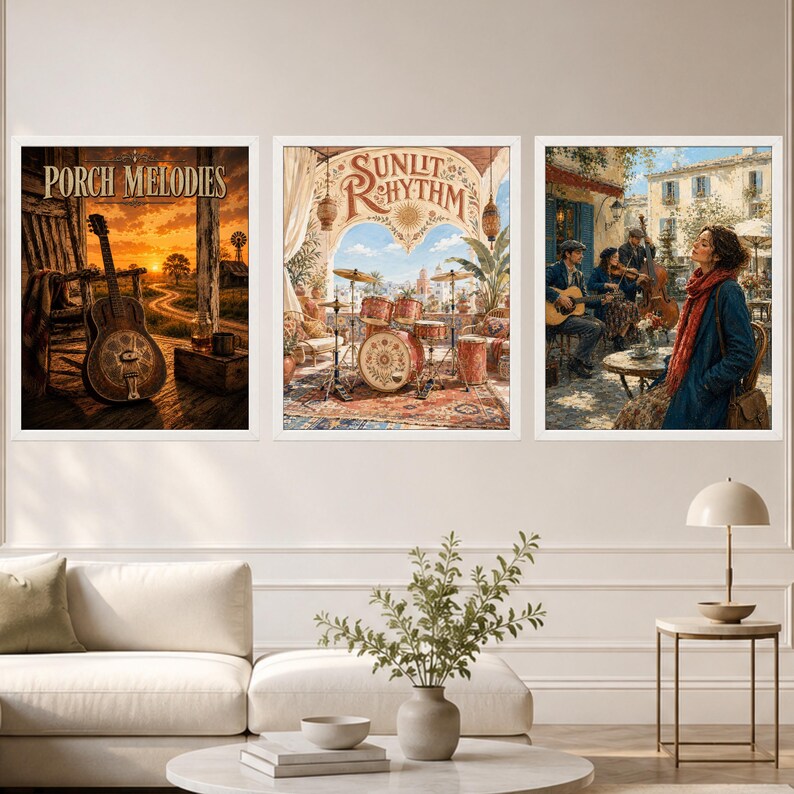 May include: Three framed wall art prints featuring musical themes. The left print shows a guitar on a porch at sunset with the text Porch Melodies. The centre print depicts a drum set on a terrace with the text Sunlit Rhythm. The right print shows musicians.