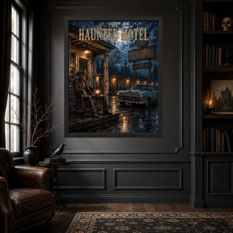 May include: A framed wall art print titled The Haunted Motel, depicting a skeleton in a cowboy hat sitting on a porch rocking chair holding a lantern, with a vintage car parked in front of a motel building under a full moon and night sky.