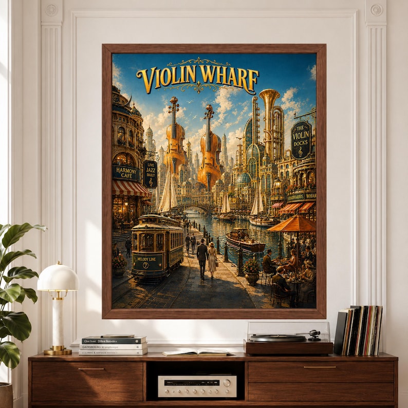 Framed Violin Wharf fantasy music wall art featuring a grand waterfront city with giant violin-shaped architecture, canals, sailboats, cafés, vintage tram and ornate musical landmarks beneath a bright blue sky.