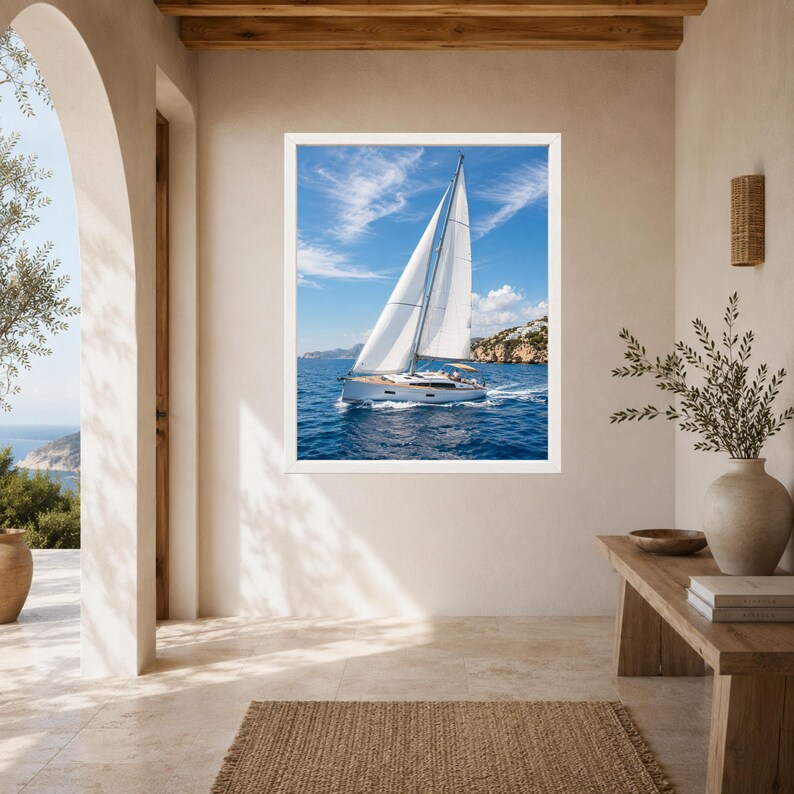 Puede incluir: Una impresi&oacute;n de arte mural enmarcada que muestra un velero blanco con las velas desplegadas navegando en aguas oce&aacute;nicas de color azul profundo bajo un cielo brillante con nubes tenues, con acantilados rocosos visibles en la distancia.