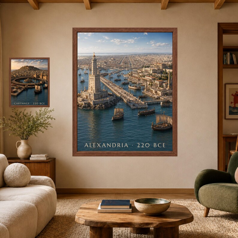 May include: A large framed wall art print depicting the ancient Lighthouse of Alexandria with the text ALEXANDRIA 220 BCE, alongside a smaller framed print of Carthage with the text CARTHAGE 220 BCE, both featuring historical harbor scenes.