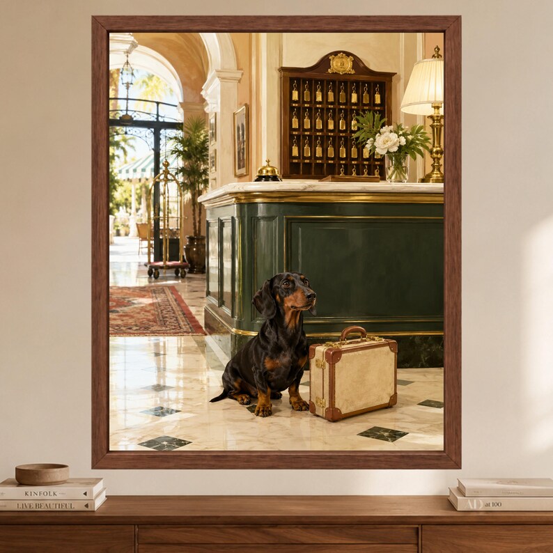 May include: A framed wall art print depicting a black and tan dachshund sitting on a marble floor next to a small beige suitcase with brown leather trim. The scene shows a hotel lobby interior with a dark green reception desk and a key rack.