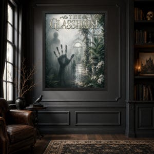 May include: A framed wall art print titled THE GLASSHOUSE, depicting a misty, overgrown greenhouse interior with a large, dark handprint pressed against a foggy glass pane, surrounded by lush green foliage and white flowers in a Victorian setting.