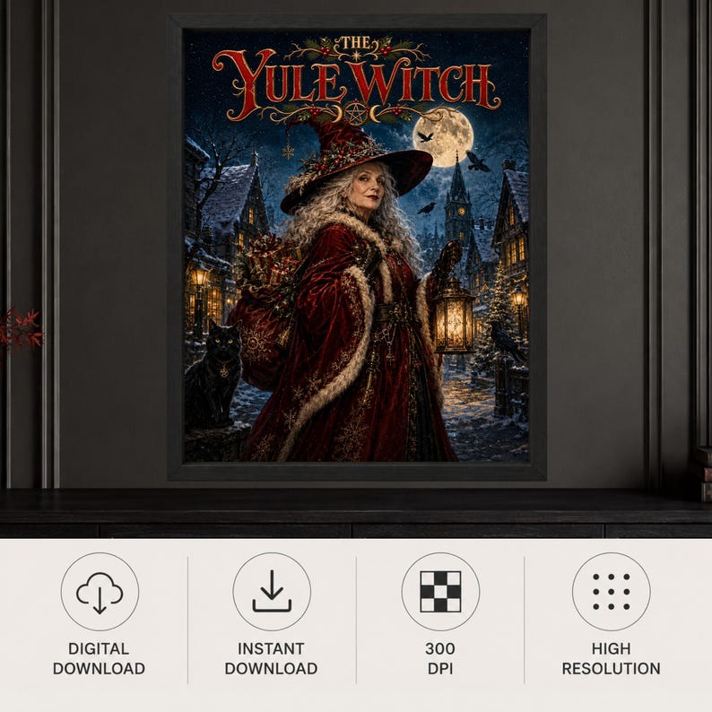 Może przedstawiać: Oprawiony cyfrowy wydruk artystyczny zatytułowany The Yule Witch, przedstawiający siwowłosą postać w czerwonym aksamitnym płaszczu i spiczastym kapeluszu, trzymającą świecącą latarnię. Czarny kot siedzi w zaśnieżonej wiosce pod pełnią księżyca.