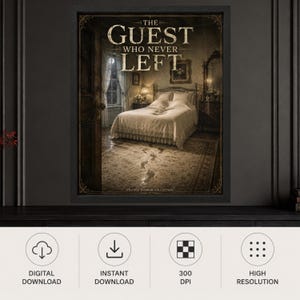 May include: A framed wall art print titled The Guest Who Never Left, featuring a dark, moody bedroom scene with a made bed, a window, and a trail of dusty footprints leading across the floor toward the bed, all in sepia and dark brown tones.