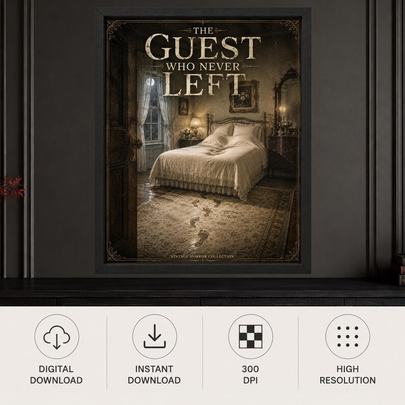 May include: A framed wall art print titled The Guest Who Never Left, featuring a dark, moody bedroom scene with a made bed, a window, and a trail of dusty footprints leading across the floor toward the bed, all in sepia and dark brown tones.