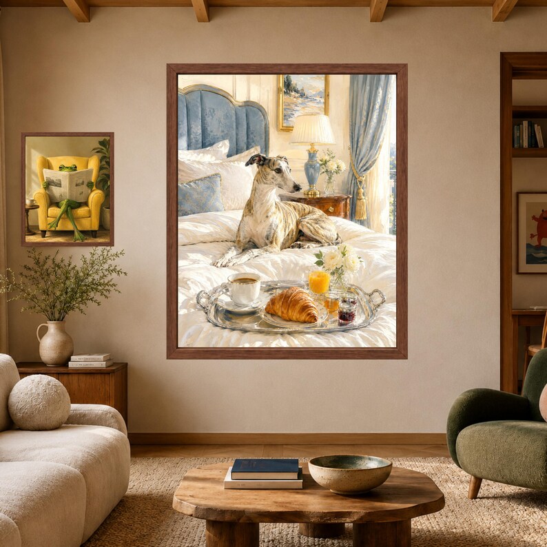 May include: A large rectangular wall art print featuring a brindle greyhound resting on a white bed with a breakfast tray containing a croissant, coffee, and orange juice, next to a smaller print of a frog reading a newspaper in a yellow chair.