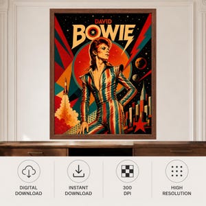 May include: A framed poster featuring a stylised illustration of David Bowie in a striped jumpsuit against a cosmic background with a rocket, planets, and a city skyline. The text DAVID BOWIE appears at the top in bold, yellow, and red lettering.