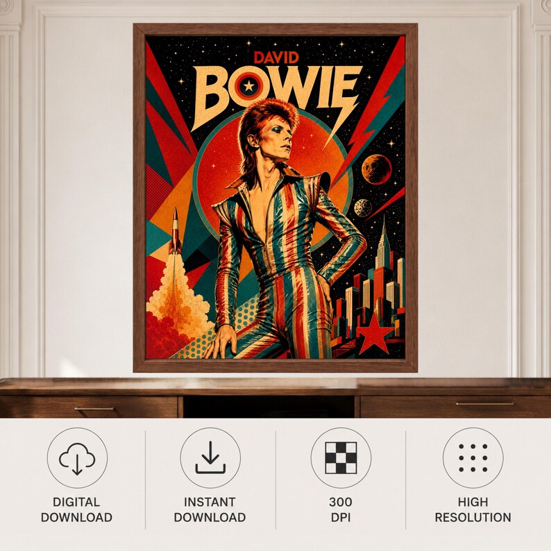 May include: A framed poster featuring a stylised illustration of David Bowie in a striped jumpsuit against a cosmic background with a rocket, planets, and a city skyline. The text DAVID BOWIE appears at the top in bold, yellow, and red lettering.