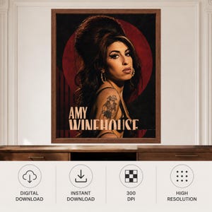 Puede incluir: Un retrato enmarcado de Amy Winehouse con su caracter&iacute;stico peinado alto, delineador de ojos marcado y un tatuaje en el hombro. El fondo muestra un gran c&iacute;rculo rojo sobre un fondo oscuro con el texto AMY WINEHOUSE impreso en la parte inferior.