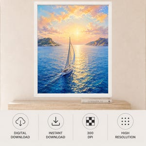 May include: A framed wall art print featuring a sailboat on deep blue water during a golden sunset. The sky is filled with soft orange and yellow clouds, and distant rocky cliffs frame the horizon. The scene captures the calm sea reflecting light.