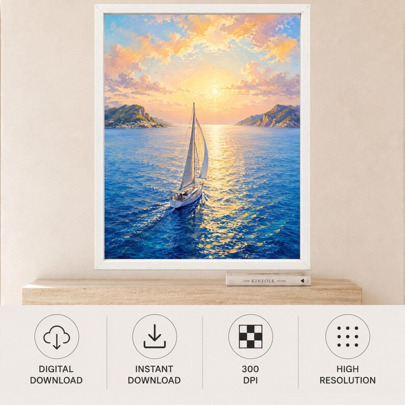 May include: A framed wall art print featuring a sailboat on deep blue water during a golden sunset. The sky is filled with soft orange and yellow clouds, and distant rocky cliffs frame the horizon. The scene captures the calm sea reflecting light.