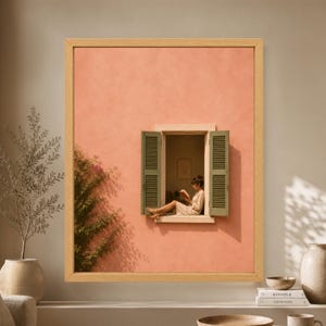 Framed minimalist pink wall art showing a barefoot woman quietly reading in an open Mediterranean window with olive green shutters, warm sunlight and soft climbing greenery.