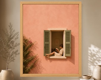 Woman Reading in Window, Pink Mediterranean Print, Book Lover Decor (Digital Download)