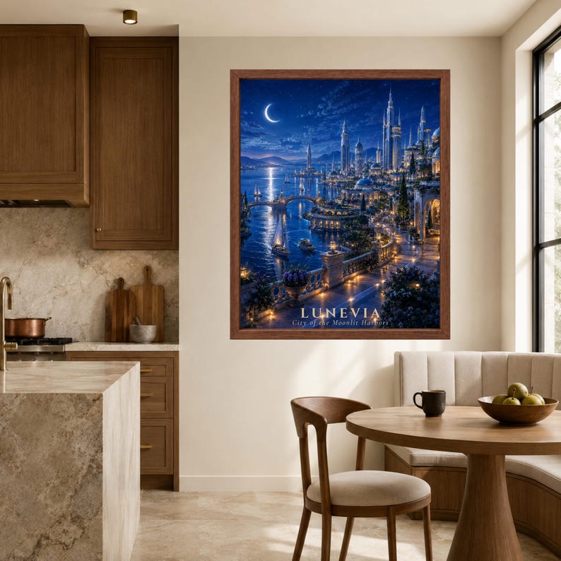 Pu&ograve; includere: Una stampa artistica incorniciata intitolata LUNEVIA City of the Moonlit Harbors, che raffigura una citt&agrave; costiera fantasy di notte con una luna crescente, luci brillanti, alte guglie, un ponte in pietra e barche a vela in toni blu e oro.