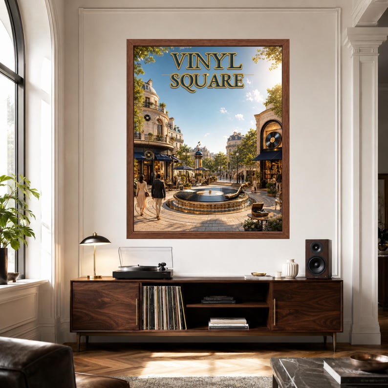 May include: A framed wall art print titled VINYL SQUARE featuring a sunny European-style plaza with a central fountain, surrounding buildings, and people walking. The artwork is displayed above a wooden media console with a turntable and vinyl records.