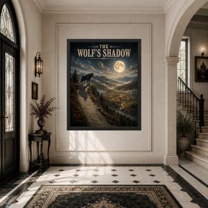 May include: A rectangular framed wall art print titled THE WOLF'S SHADOW, featuring a dark landscape with a wolf standing on a cliff edge under a full moon, overlooking a forested valley with mountains in the distance under a cloudy night sky.