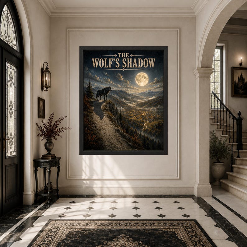 May include: A rectangular framed wall art print titled THE WOLF'S SHADOW, featuring a dark landscape with a wolf standing on a cliff edge under a full moon, overlooking a forested valley with mountains in the distance under a cloudy night sky.