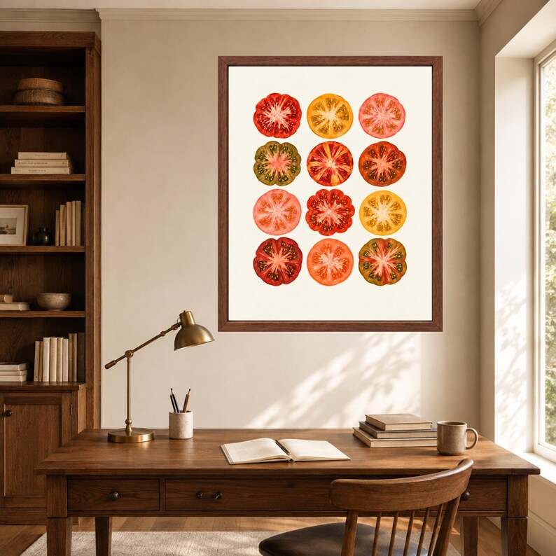 Tomatväggkonst, färgglatt kökstryck, arvegods-tomataffisch, retro matdekor, digital nedladdning bild 6