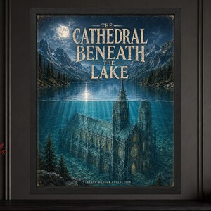 May include: A framed wall art print titled The Cathedral Beneath The Lake, featuring a dark, moody landscape with a full moon over a mountain lake and a large, detailed gothic cathedral submerged deep underwater with glowing yellow windows.