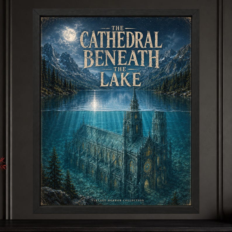 May include: A framed wall art print titled The Cathedral Beneath The Lake, featuring a dark, moody landscape with a full moon over a mountain lake and a large, detailed gothic cathedral submerged deep underwater with glowing yellow windows.
