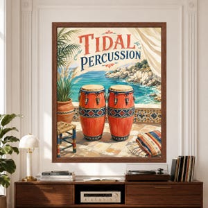 Framed conga drum wall art featuring two red percussion drums on a Mediterranean coastal terrace overlooking turquoise water, surrounded by terracotta pottery, tropical plants, patterned tiles and bold Tidal Percussion typography above a record player console.