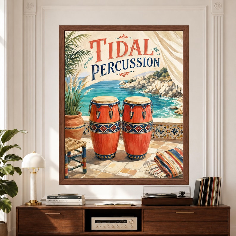 Framed conga drum wall art featuring two red percussion drums on a Mediterranean coastal terrace overlooking turquoise water, surrounded by terracotta pottery, tropical plants, patterned tiles and bold Tidal Percussion typography above a record player console.