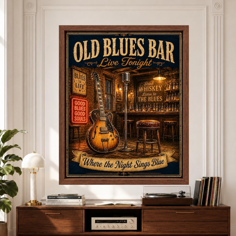 Op de afbeelding: Een ingelijste kunstdruk getiteld Old Blues Bar met een elektrische hollow-body gitaar, een zilveren microfoon op een standaard en een barkruk. De tekst luidt Old Blues Bar, Live Tonight, Drink Whiskey Listen to the Blues en Where the Night Sings Blue.