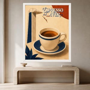 May include: A framed wall art print titled Espresso Diver featuring a white coffee cup with a blue rim on a matching saucer. The background depicts a high diving board with a diver jumping into the coffee, set against a cream backdrop.