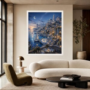 May include: A framed vertical wall art print titled LUNEVARA Harbor of the Crescent Moon, depicting a fantasy coastal city at twilight with a crescent moon, sailboats on blue water, stone architecture, and warm glowing lights in a white frame.