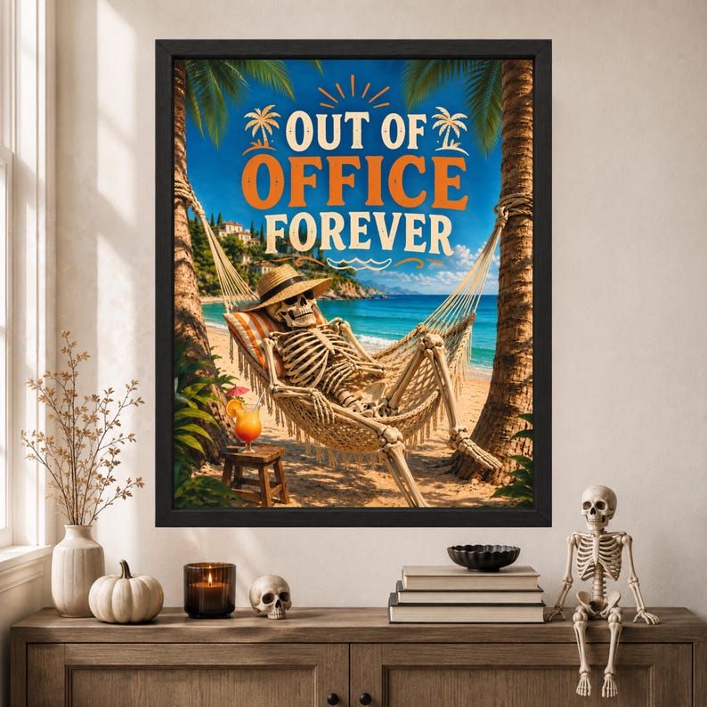 Póster divertido de esqueleto en hamaca de playa, arte de vacaciones tropicales (descarga digital) imagen 8