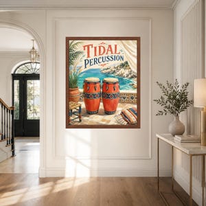 May include: A framed wall art print titled Tidal Percussion featuring two orange conga drums on a stone patio overlooking a blue sea. The scene includes a potted palm, a small wooden stool, and a folded striped textile under a draped fabric canopy.