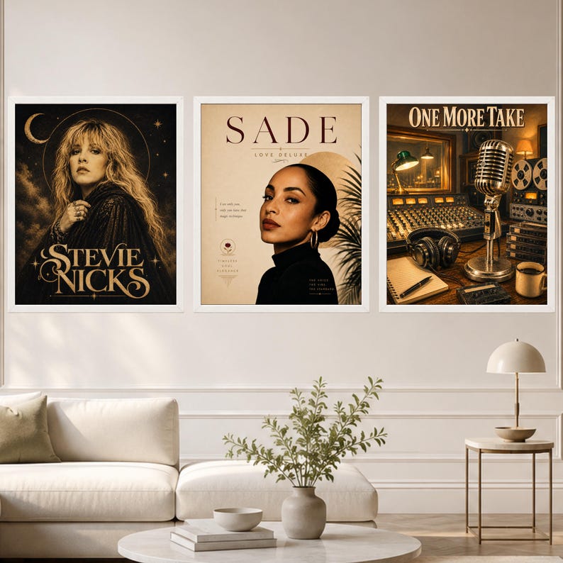 May include: Three framed wall art prints featuring a portrait of Stevie Nicks with a crescent moon, a portrait of Sade with the text Love Deluxe, and a recording studio scene with a microphone, headphones, and the text One More Take.