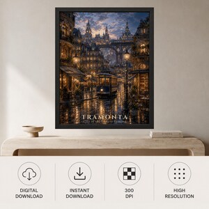 Puede incluir: Una impresi&oacute;n de arte mural enmarcada que representa una calle de estilo europeo al atardecer con un tranv&iacute;a antiguo, farolas brillantes y arquitectura ornamentada. El texto TRAMONTA City of the Endless Evening aparece impreso en blanco.