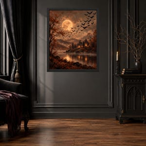 Decoración de pared de casa embrujada, lámina de Halloween con luna llena, paisaje gótico otoñal (descarga digital) imagen 8