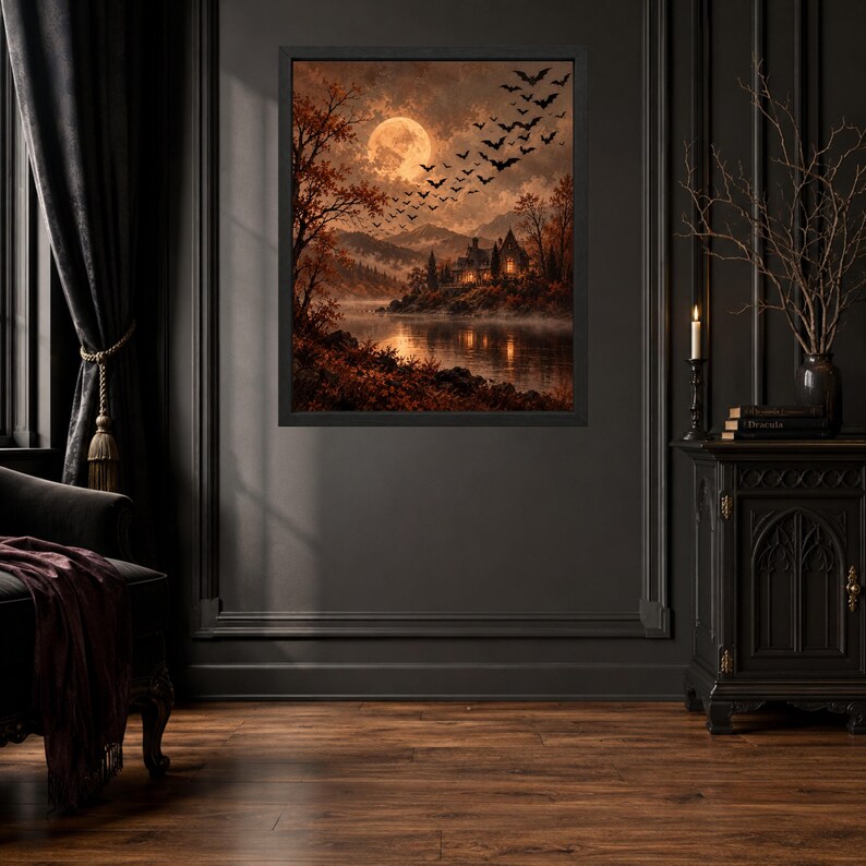 Decoración de pared de casa embrujada, lámina de Halloween con luna llena, paisaje gótico otoñal (descarga digital) imagen 8