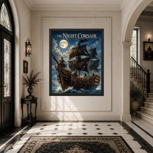 May include: A framed wall art print titled The Night Corsair, depicting a dark, weathered pirate ship sailing on turbulent ocean waves under a bright full moon and cloudy night sky, with illuminated lanterns visible on the ship's wooden deck.