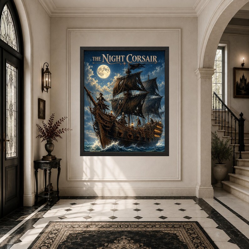 May include: A framed wall art print titled The Night Corsair, depicting a dark, weathered pirate ship sailing on turbulent ocean waves under a bright full moon and cloudy night sky, with illuminated lanterns visible on the ship's wooden deck.