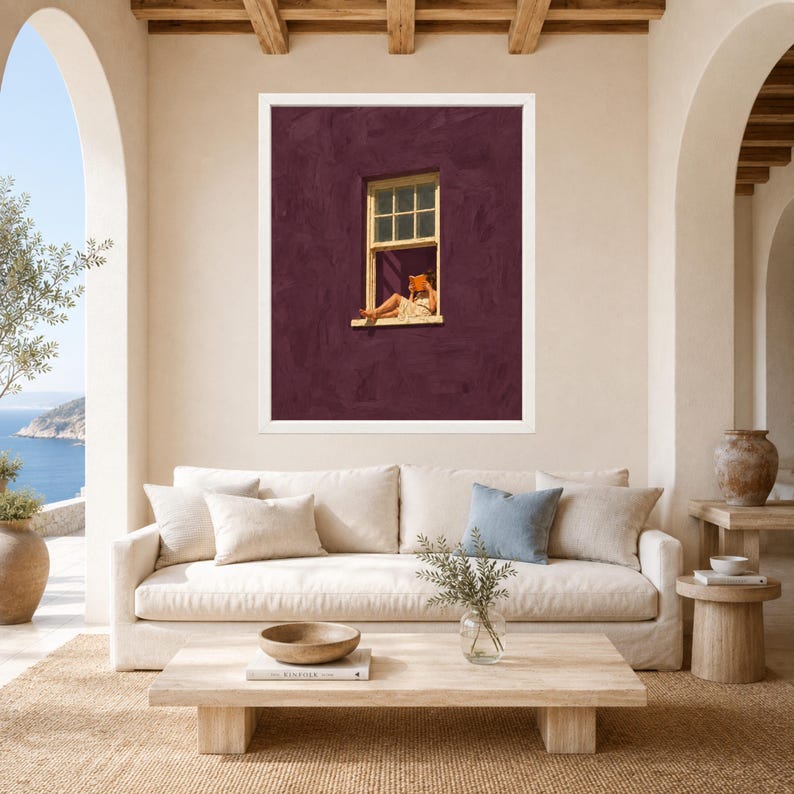 Woman Reading Window Print, Burgundy Wall Art, Minimalist Book Lover Decor (Digital Download) image 3