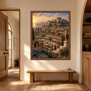 May include: A framed wall art print depicting an ancient cityscape of Athens in 430 BCE, featuring the Parthenon on a hill, a bustling marketplace with colonnaded buildings, and a statue of Athena, with the text ATHENS 430 BCE printed at the bottom.