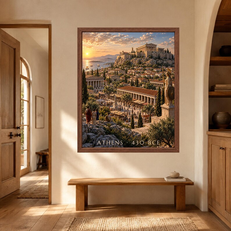 May include: A framed wall art print depicting an ancient cityscape of Athens in 430 BCE, featuring the Parthenon on a hill, a bustling marketplace with colonnaded buildings, and a statue of Athena, with the text ATHENS 430 BCE printed at the bottom.