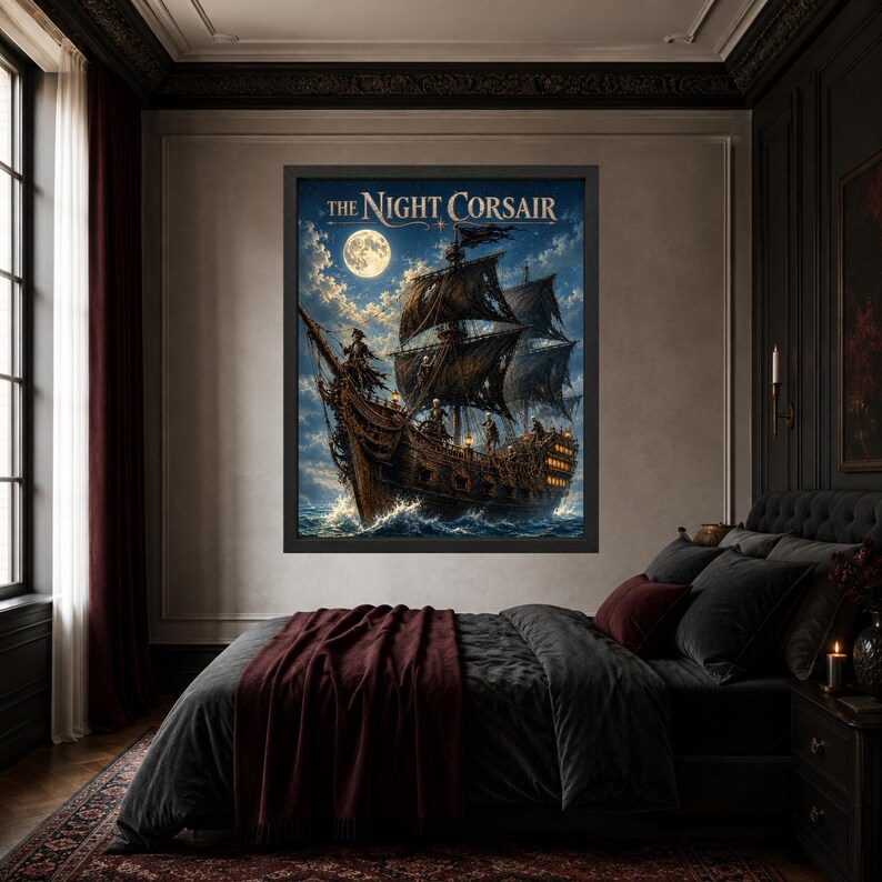 May include: A framed wall art print titled The Night Corsair, depicting a dark, weathered pirate ship sailing on turbulent ocean waves under a bright full moon in a cloudy night sky, with warm lights glowing from the ship's deck and windows.
