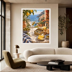 May include: A framed wall art print depicting a Mediterranean coastal scene on a marble table. The image features a martini glass with olives, a tin of sardines, lemon wedges, a bowl of green olives, and a blue and white striped cloth.