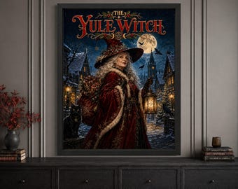 Yule Witch Christmas Wall Art, Gothic Winter Village, Black Cat Holiday Decor (Digital Download)