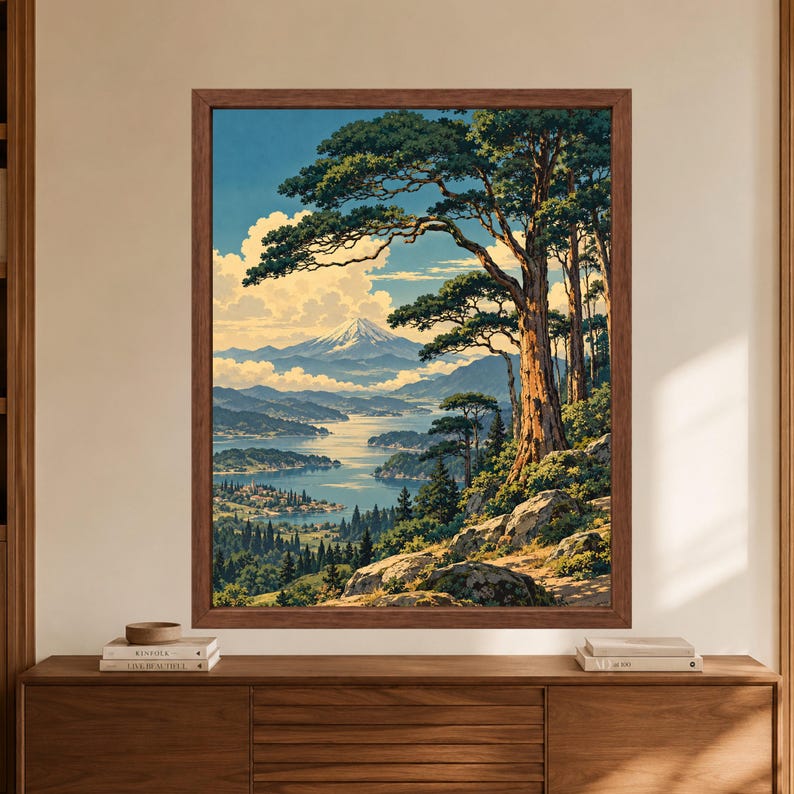 Japanese Landscape Print, Mountain Lake, Pine Trees, Woodblock Style (Digital Download) image 8